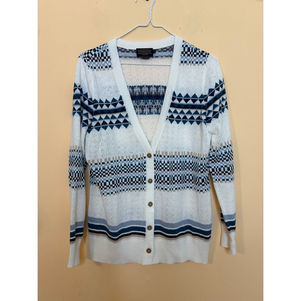 PENDLETON Cardigan Sweater Womens medium White Blue Linen Southwestern Knit VNec